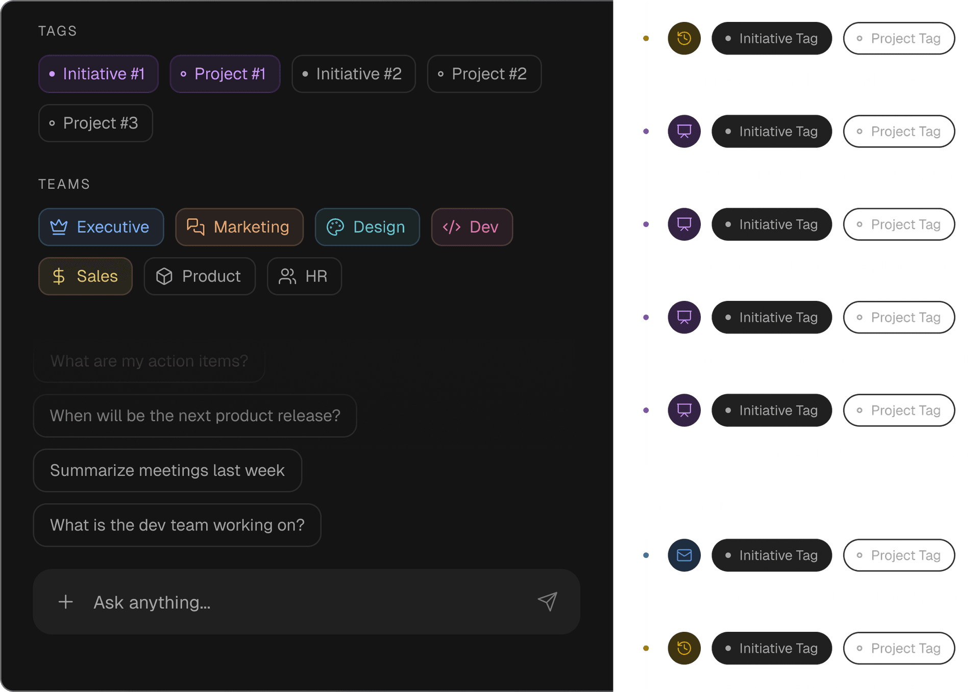 Insights interface showing tags and teams