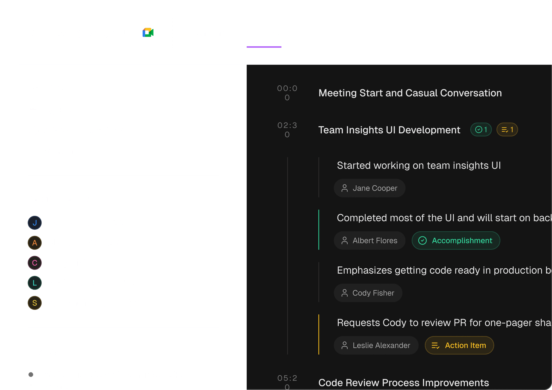Meetings interface showing conversation timeline